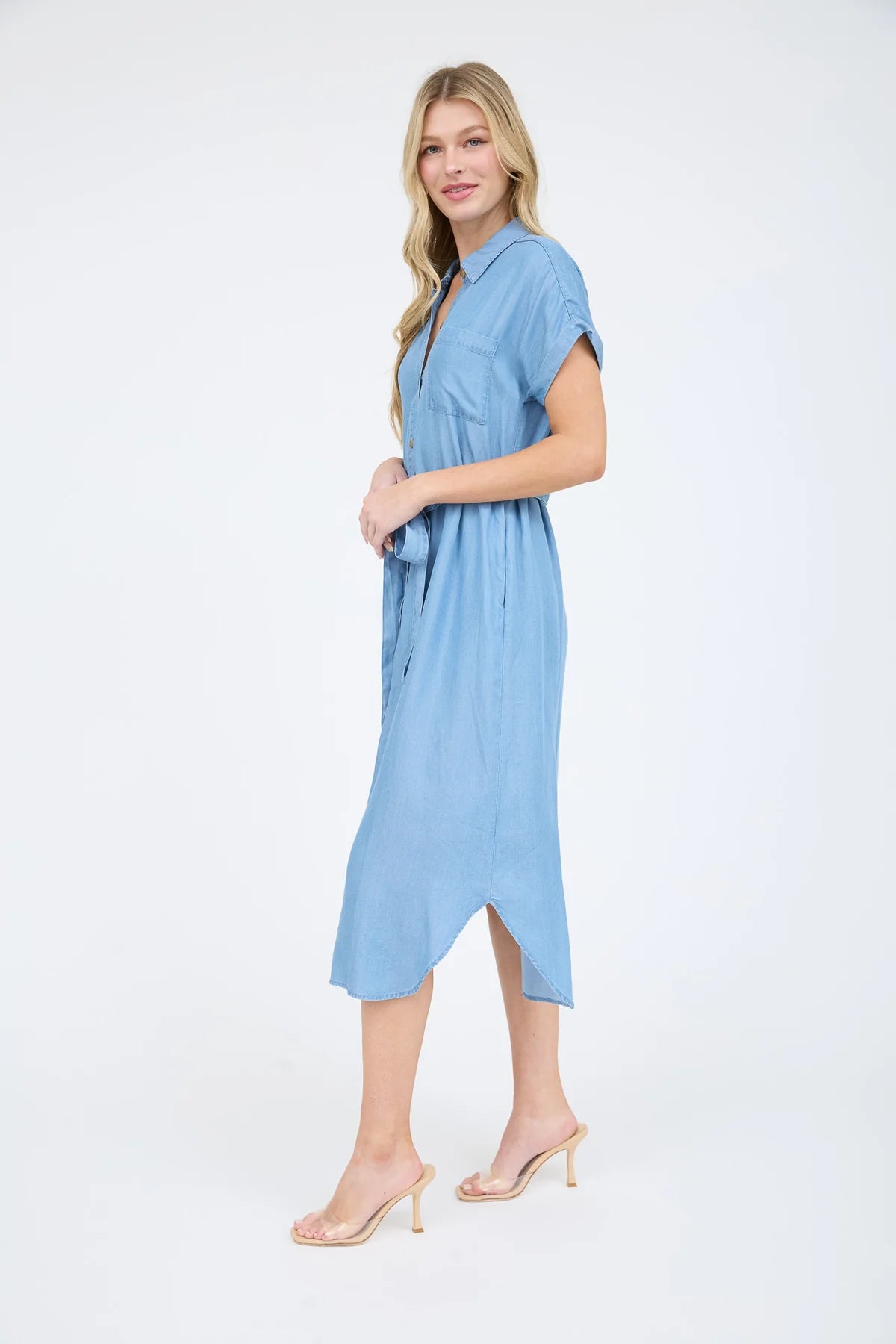 Chambray Belted Button Down Maxi Shirt Dress bundle with Scarf