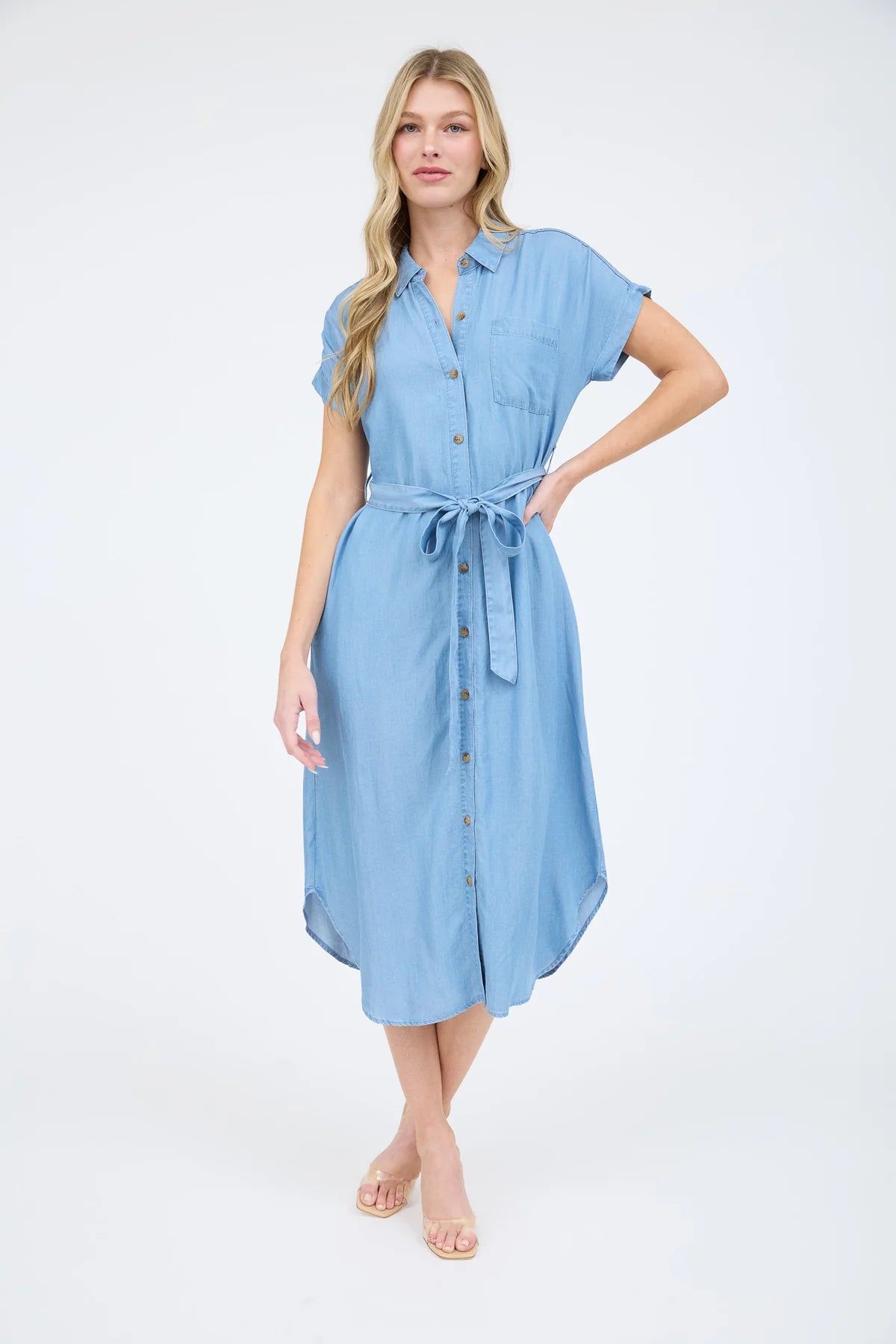 Chambray Belted Button Down Maxi Shirt Dress bundle with Scarf