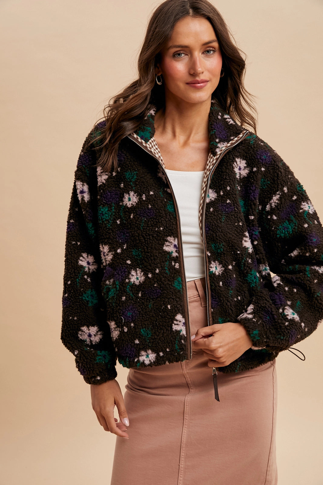 Floral Sherpa Zip Up Jacket