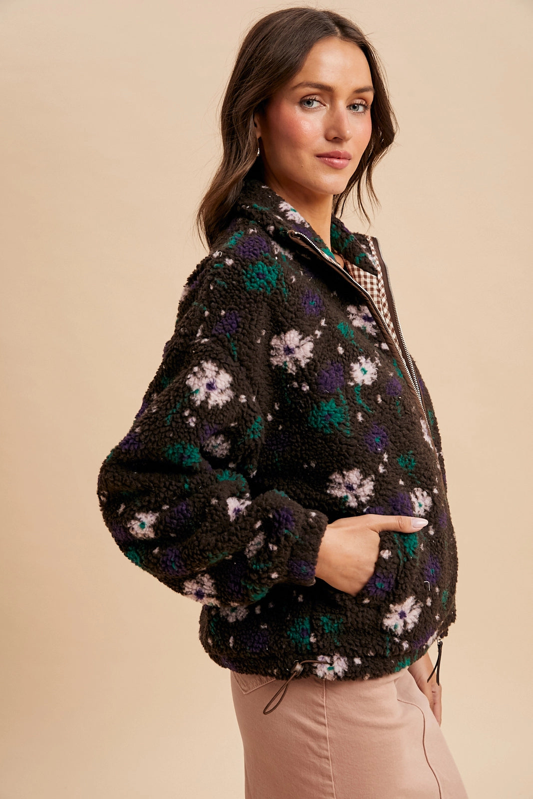 Floral Sherpa Zip Up Jacket