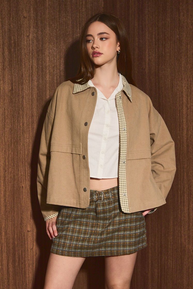 Shacket with Gingham Contrast Detailing in Two Color