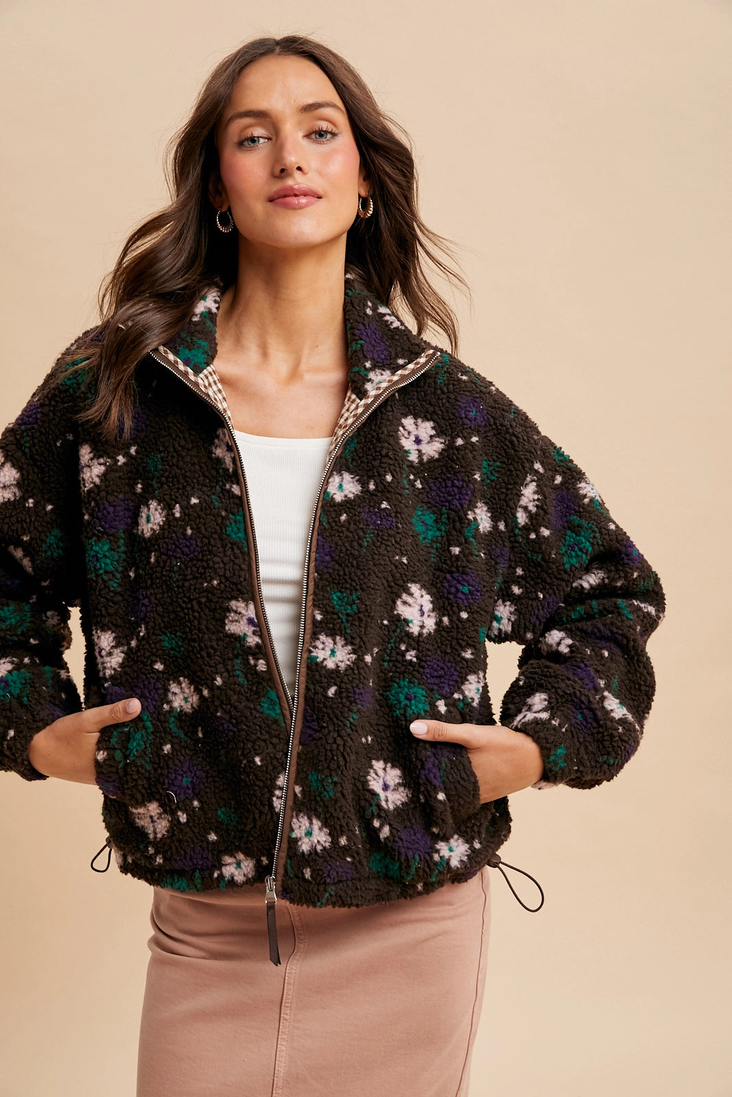 Floral Sherpa Zip Up Jacket