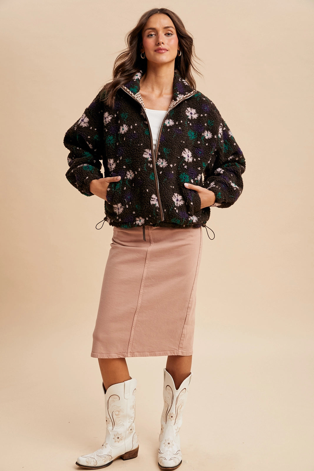 Floral Sherpa Zip Up Jacket