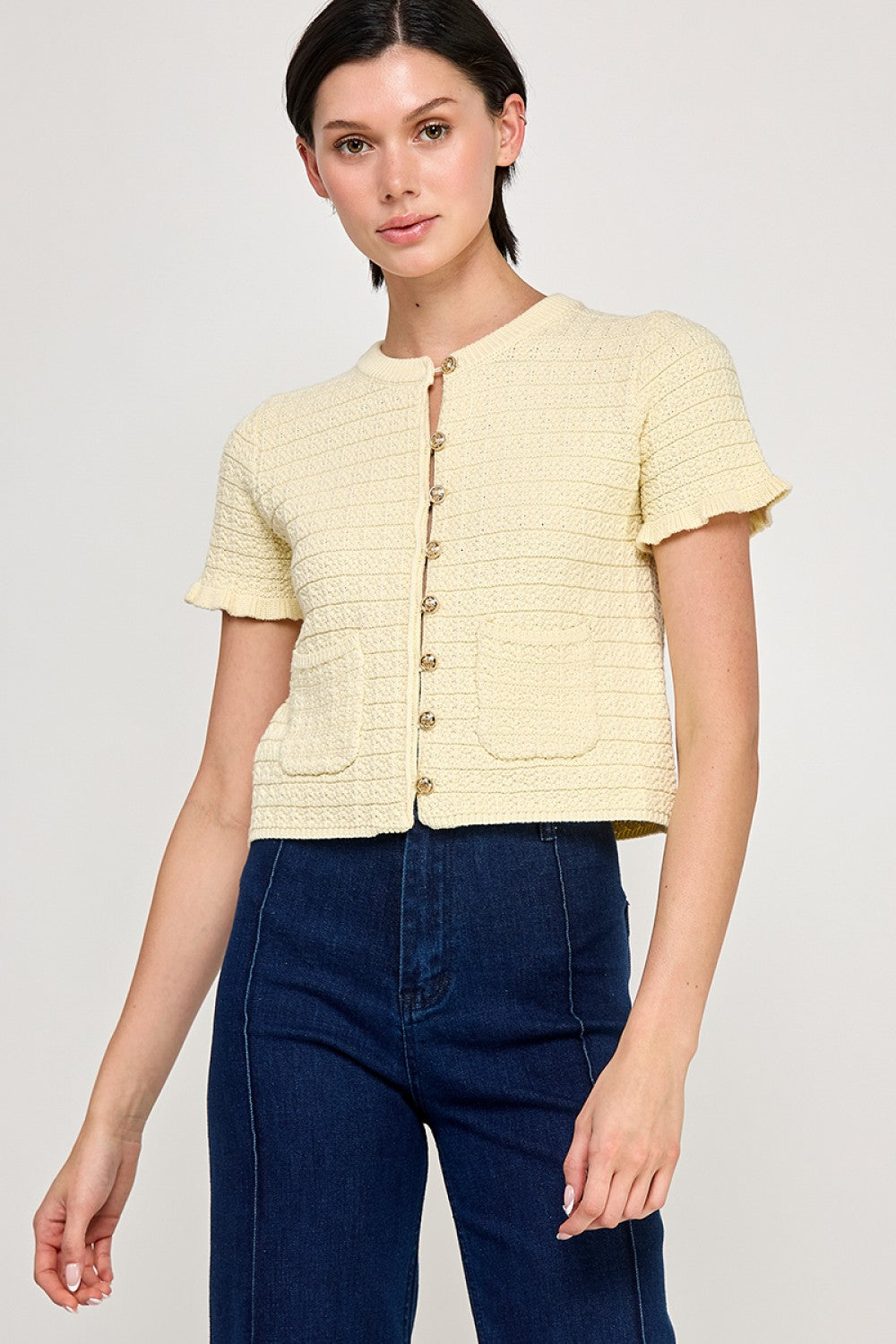 RUFFLED KNIT SHORT SLEEVE SWEATER CARDIGAN