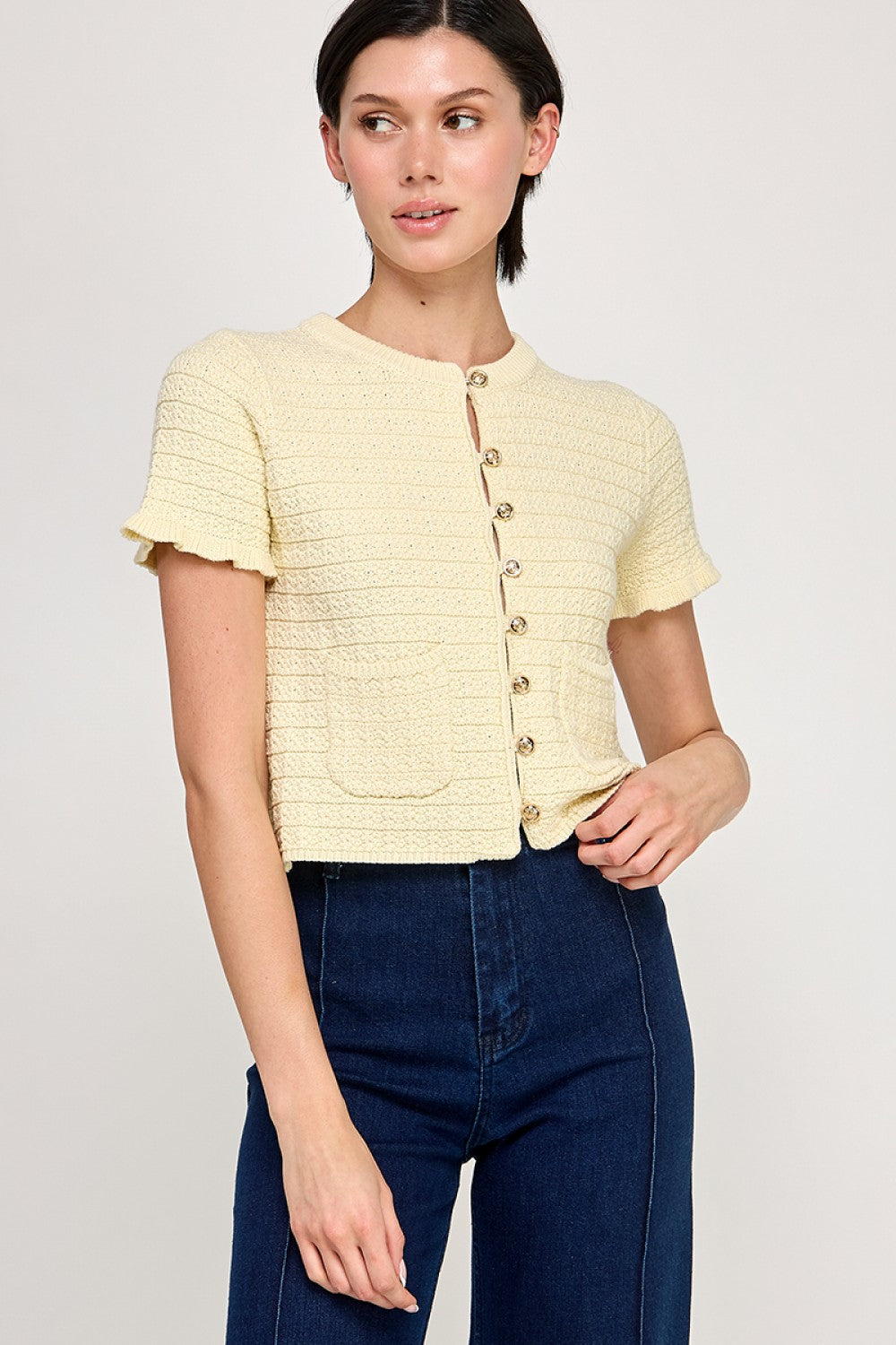 RUFFLED KNIT SHORT SLEEVE SWEATER CARDIGAN