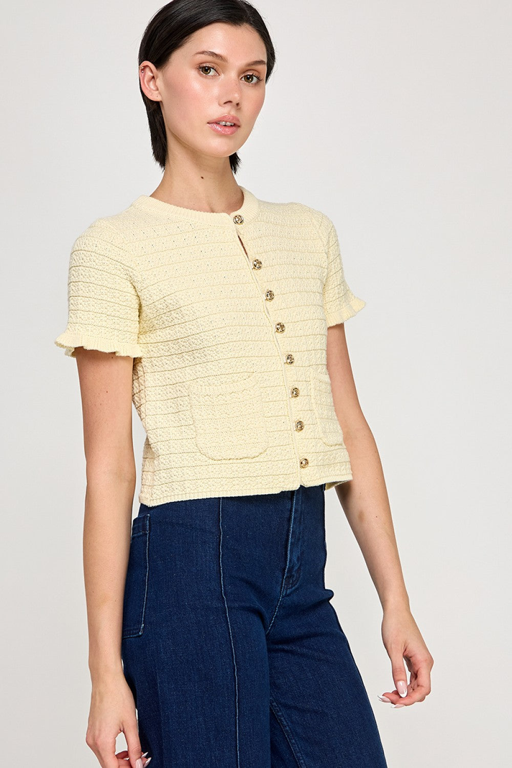 RUFFLED KNIT SHORT SLEEVE SWEATER CARDIGAN