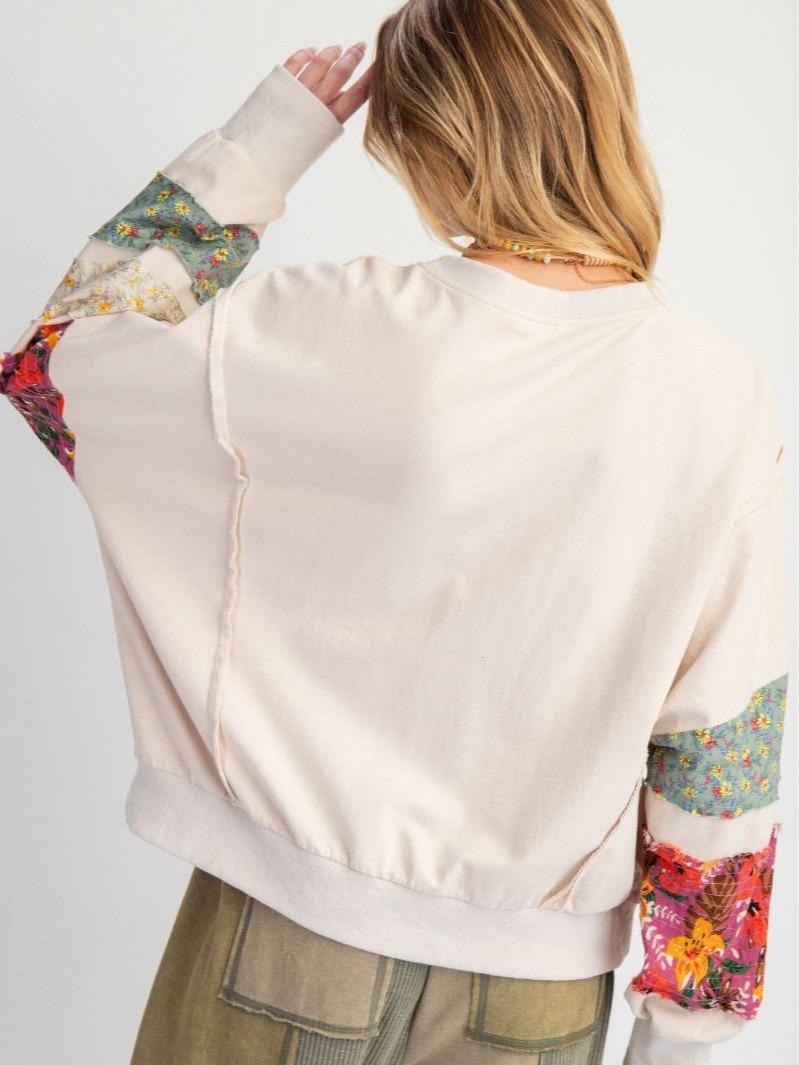 PRINT MIX TERRY KNIT PULLOVER WITH MIXED FLORAL  DETAILING ON SLEEVES fall pullover long sleeve