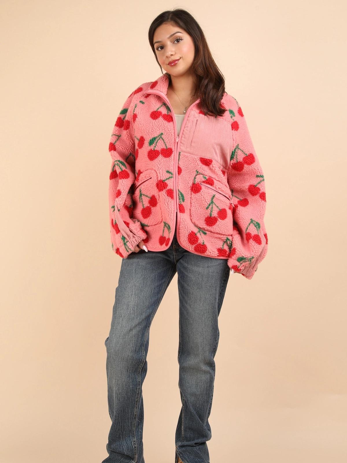 The Caroline Sherpa Pink Cherry Jacket with Zipper