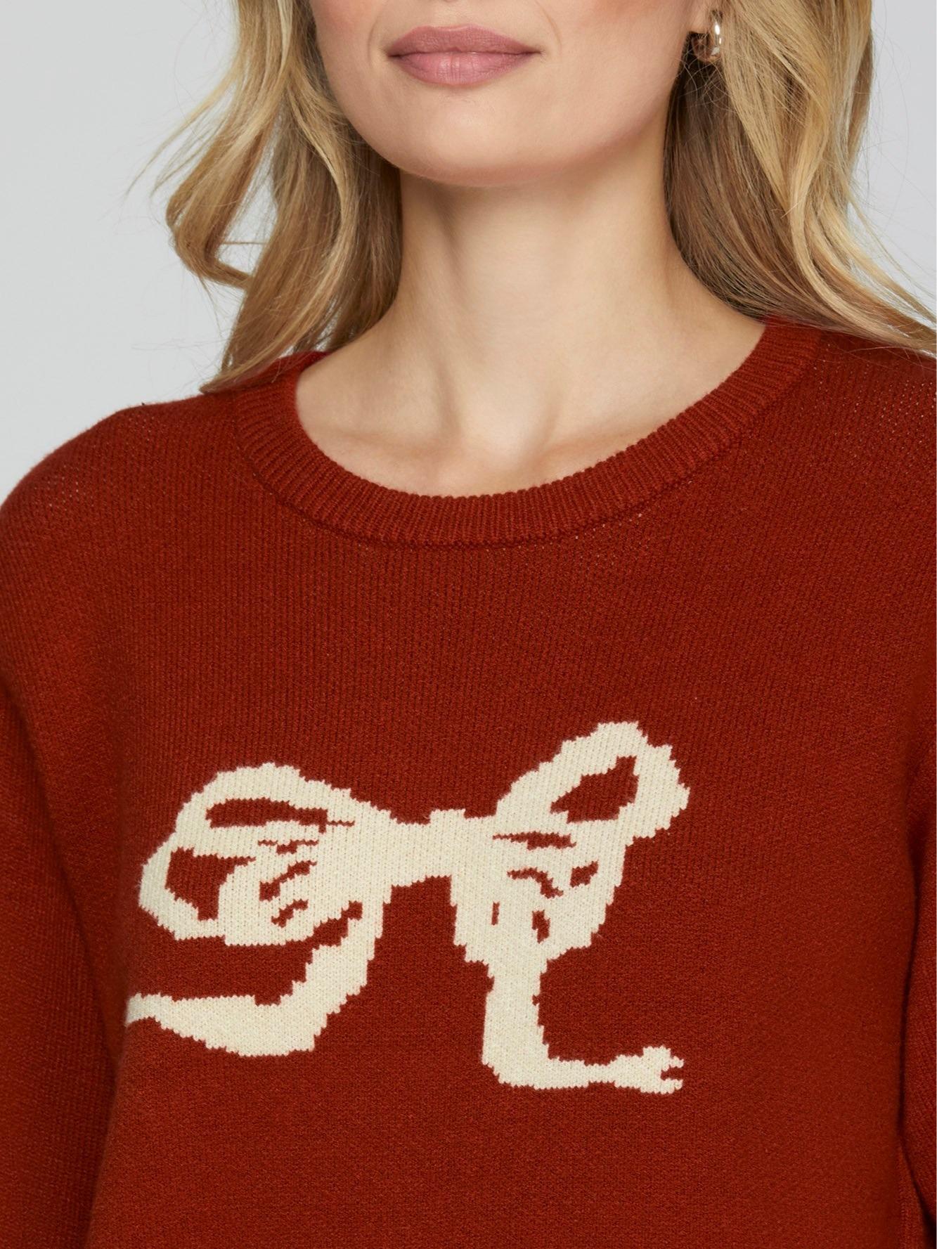 WOMEN 'S LONG SLEEVE RIBBON PULLOVER SWEATER  IN RED AND TAUPE COLORS fall sweater