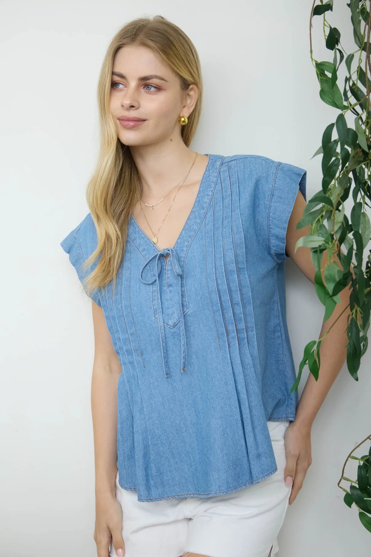 V-Neck Front Tie Details Chambray Top