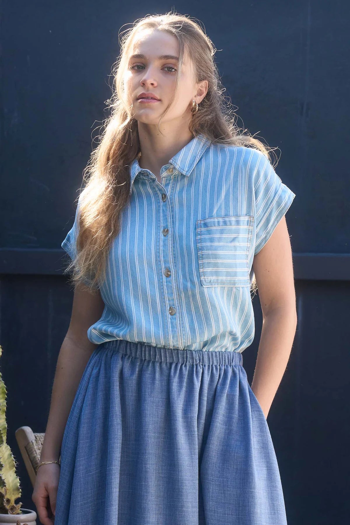 Stripe Chambray Short Sleeve Button Down Shirt