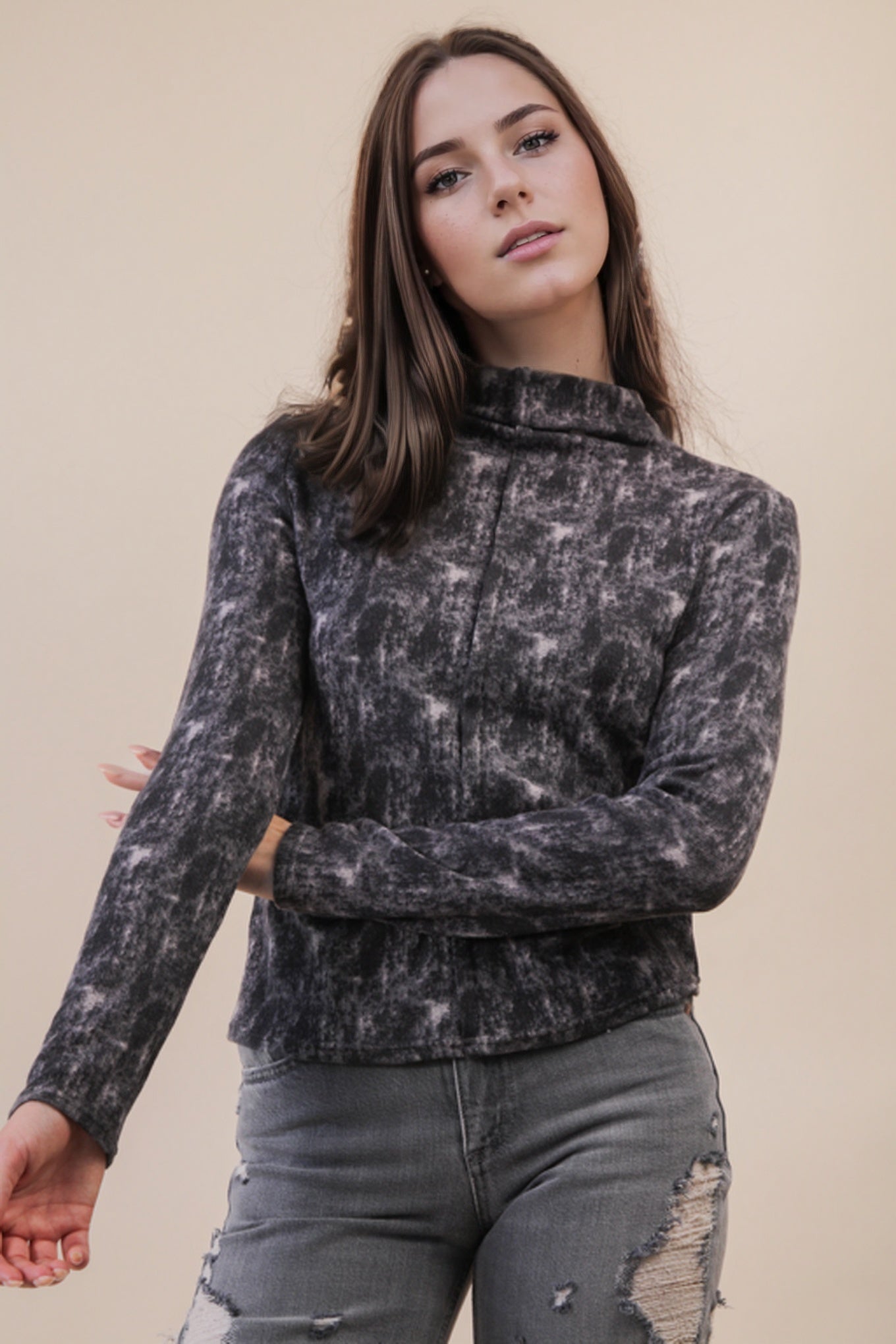 Long Sleeve Soft Mock-neck Charcoal  Top
