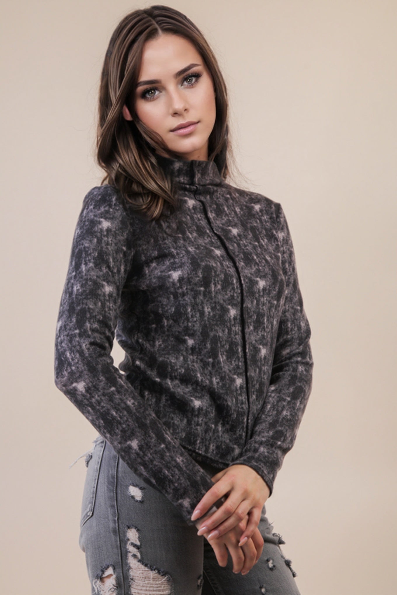 Long Sleeve Soft Mock-neck Charcoal  Top