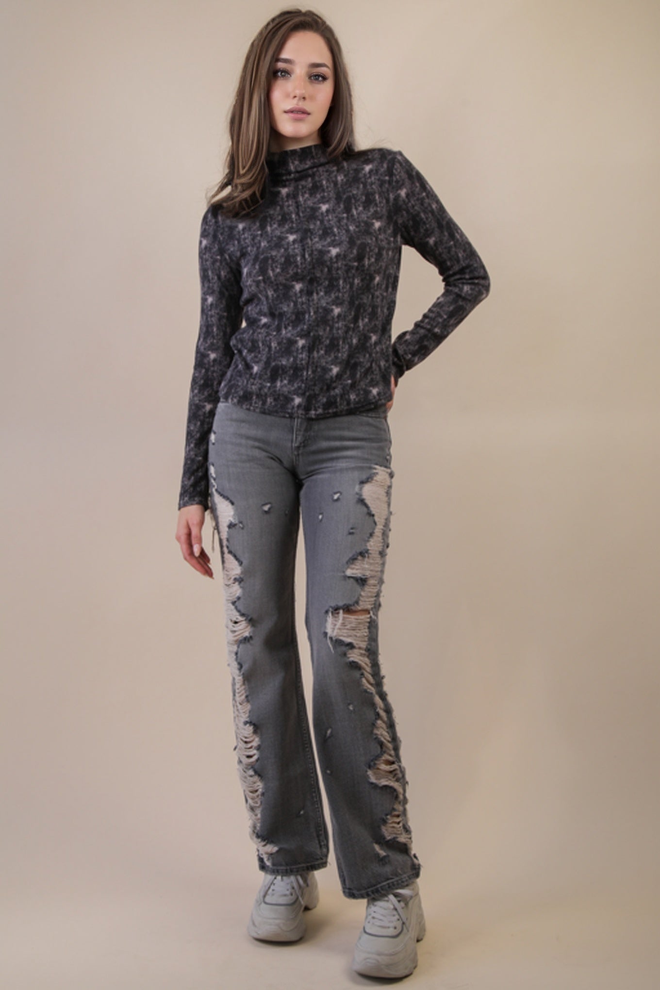 Long Sleeve Soft Mock-neck Charcoal  Top