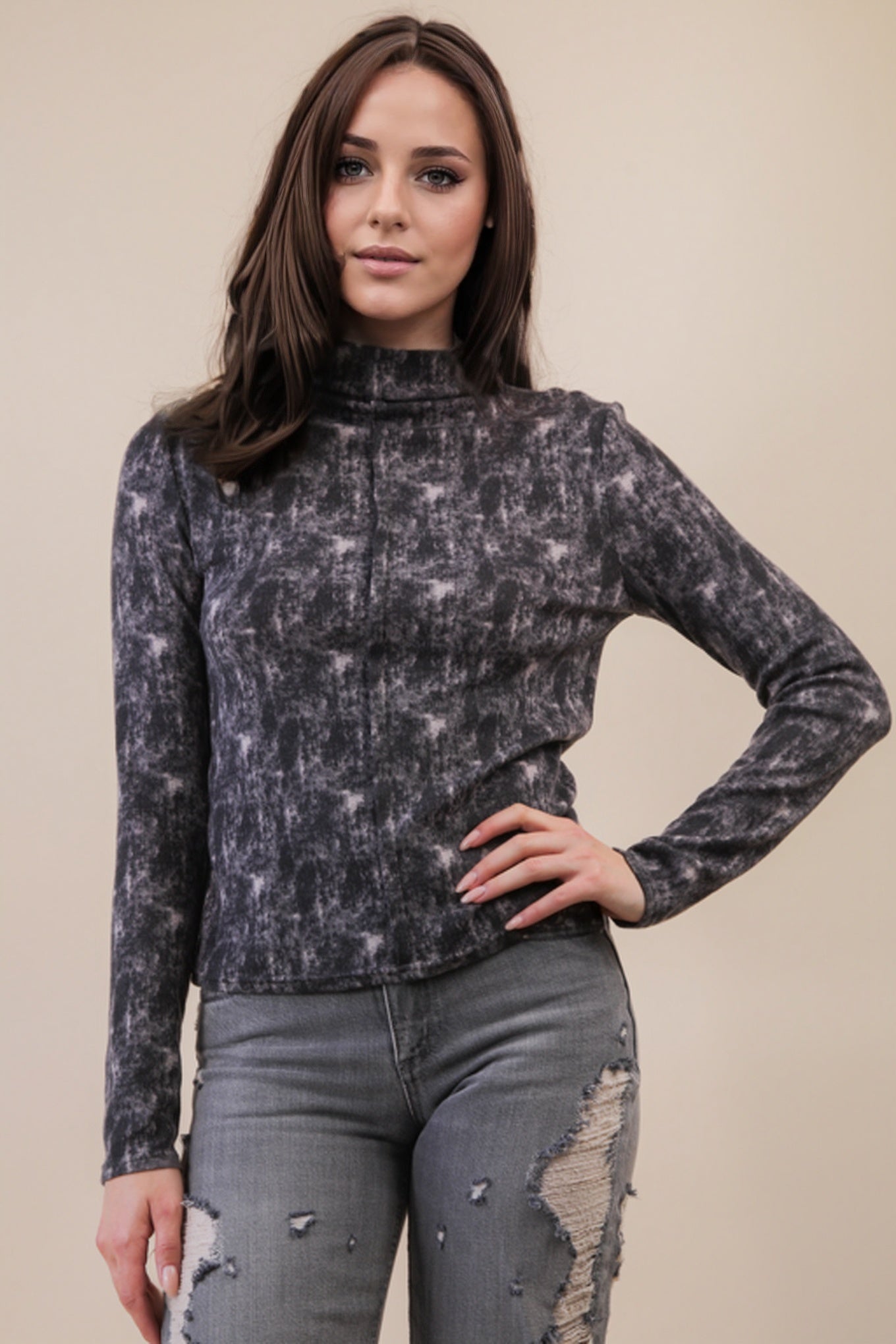 Long Sleeve Soft Mock-neck Charcoal  Top