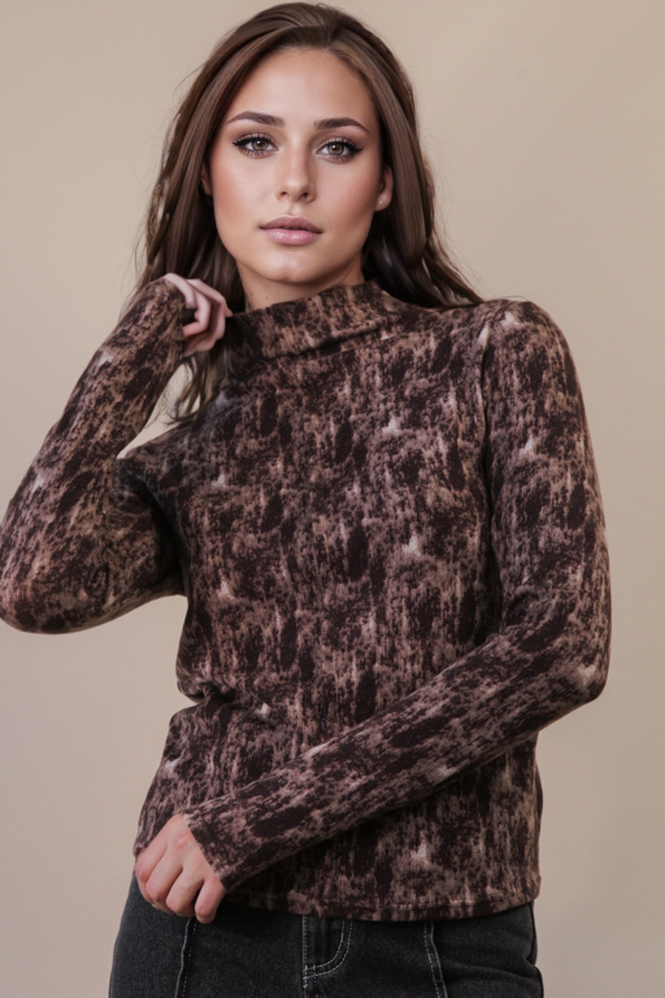 Long Sleeve Soft Mock-neck Chocolate Top