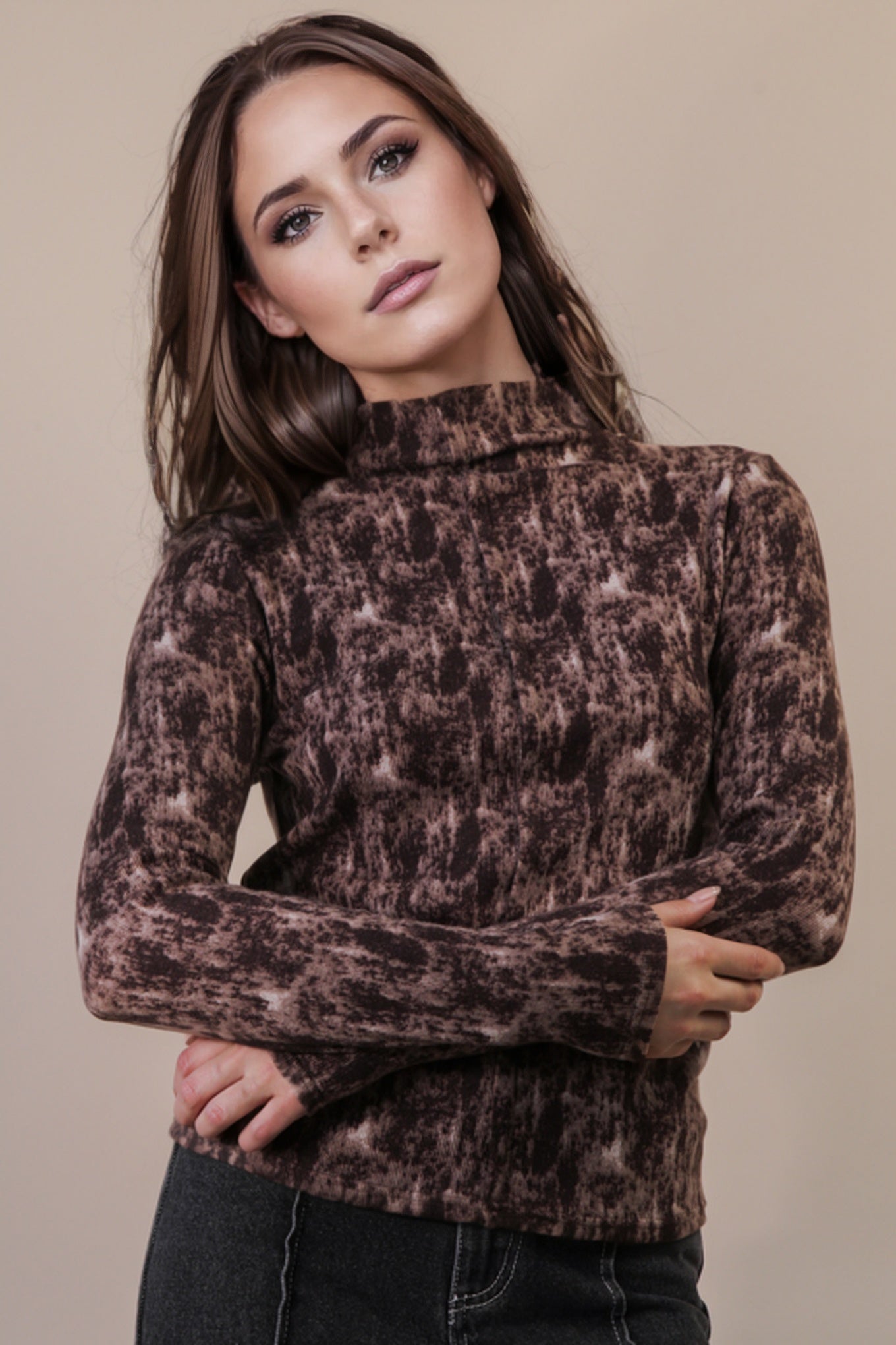 Long Sleeve Soft Mock-neck Chocolate Top