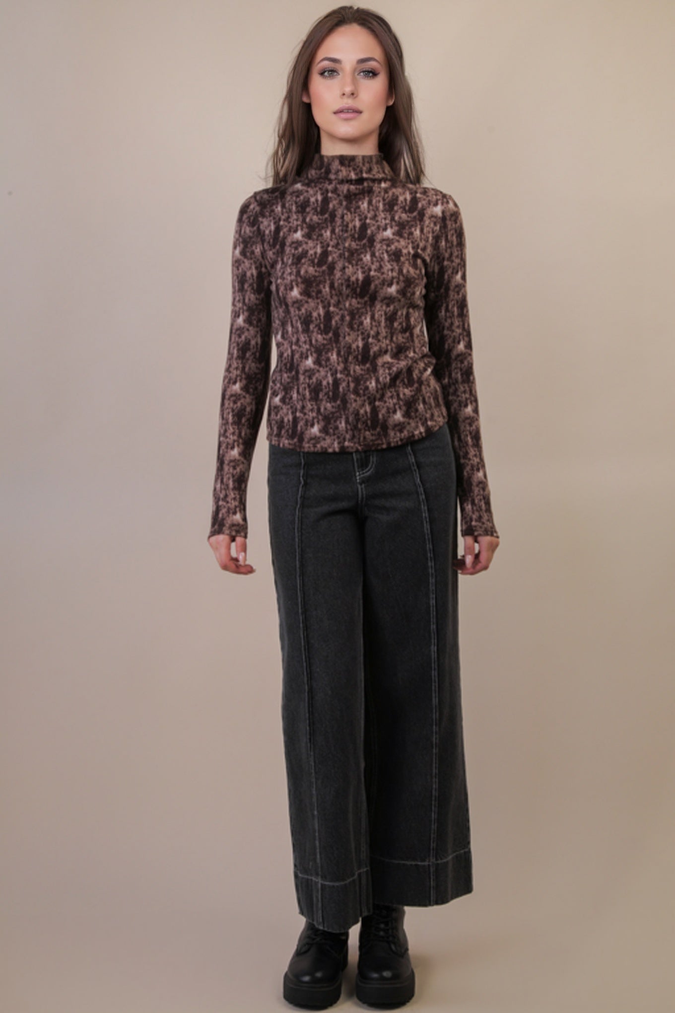 Long Sleeve Soft Mock-neck Chocolate Top