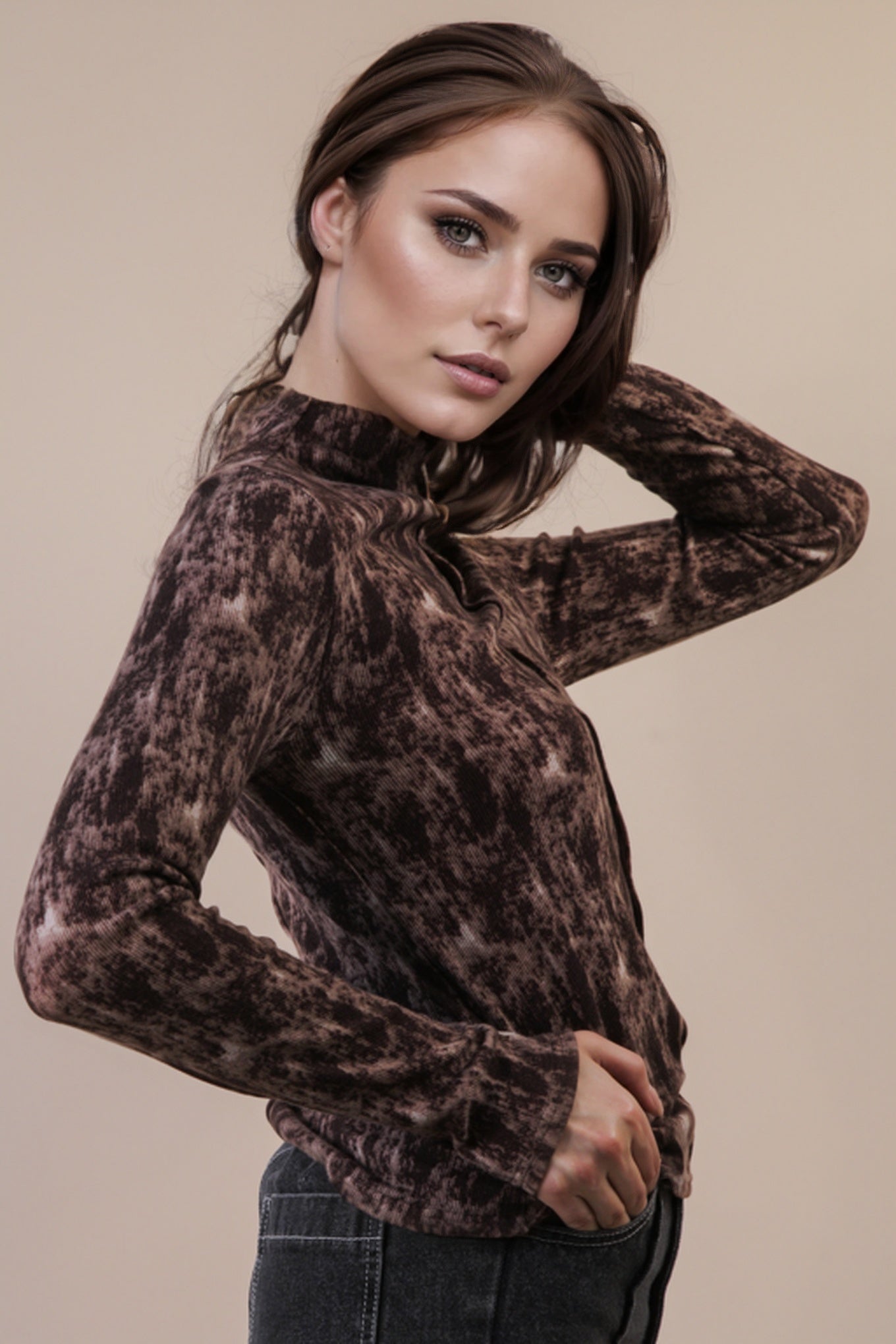 Long Sleeve Soft Mock-neck Chocolate Top