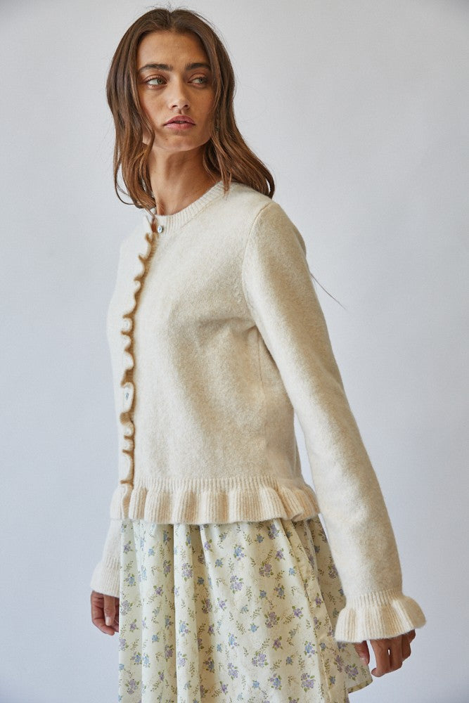 Soft Knit Cardigan with Romantic Ruffle Accents