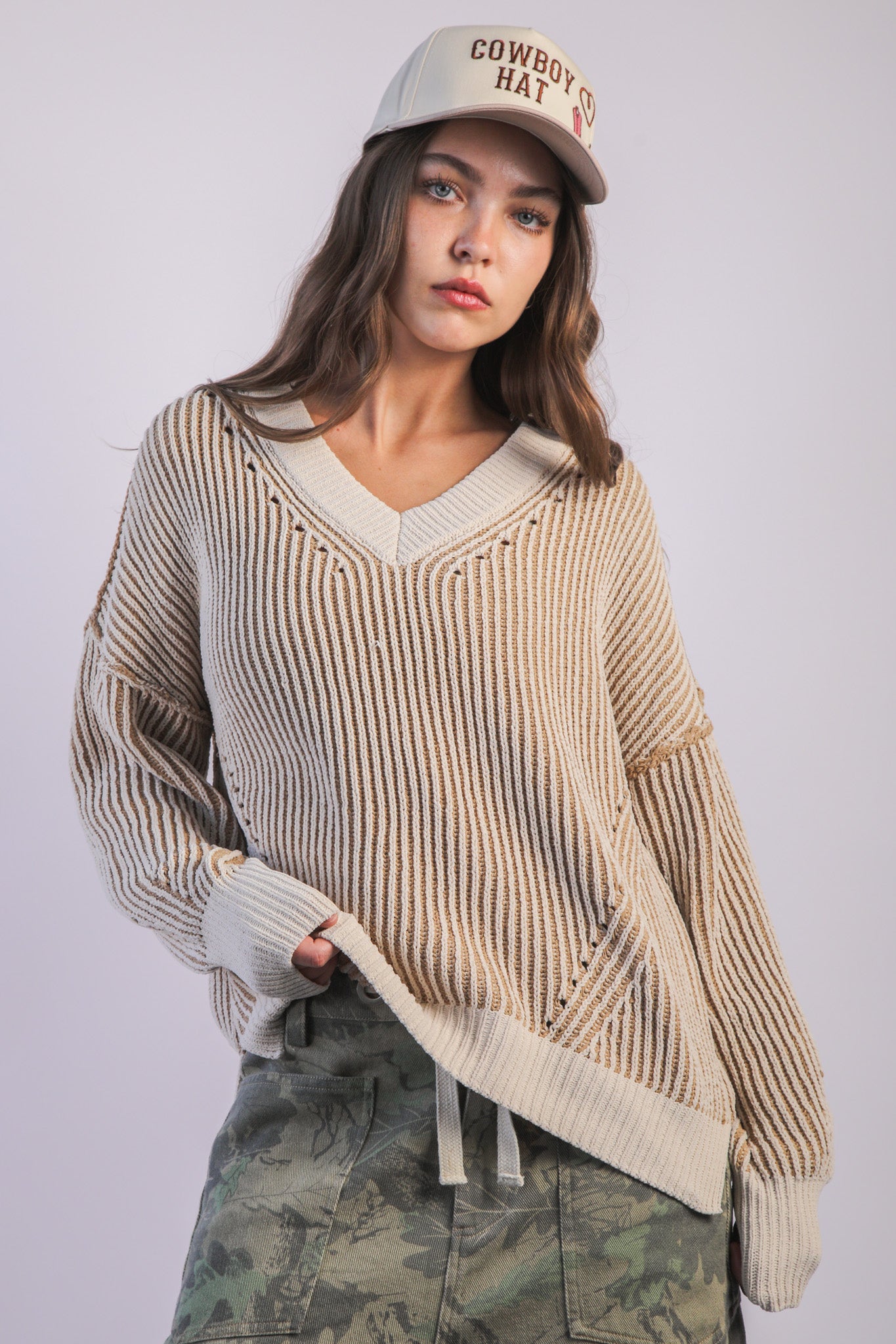 Oversized Two Tone Knit Casual Sweater Top