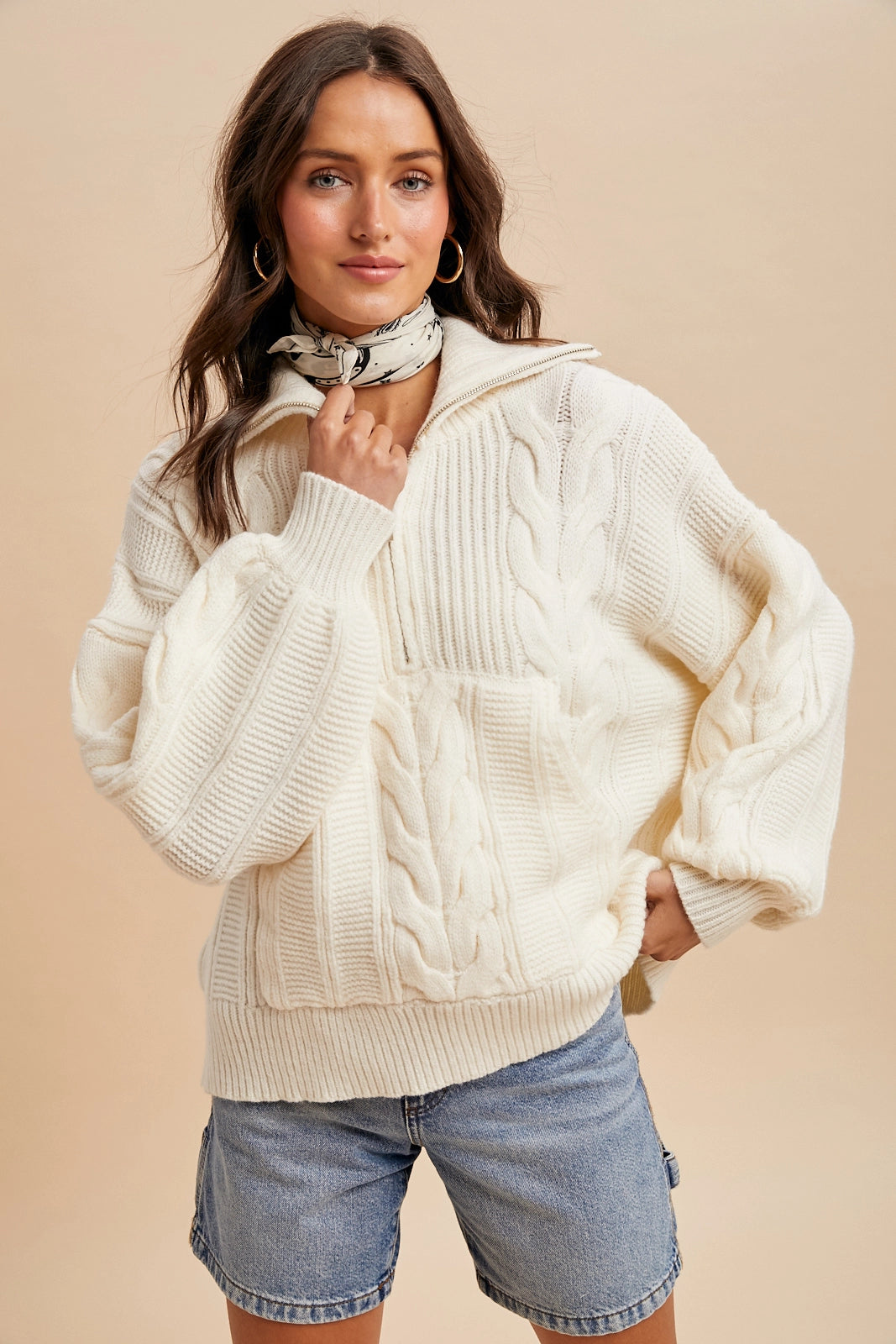 Chunky Cable Knit Half Zip Sweater