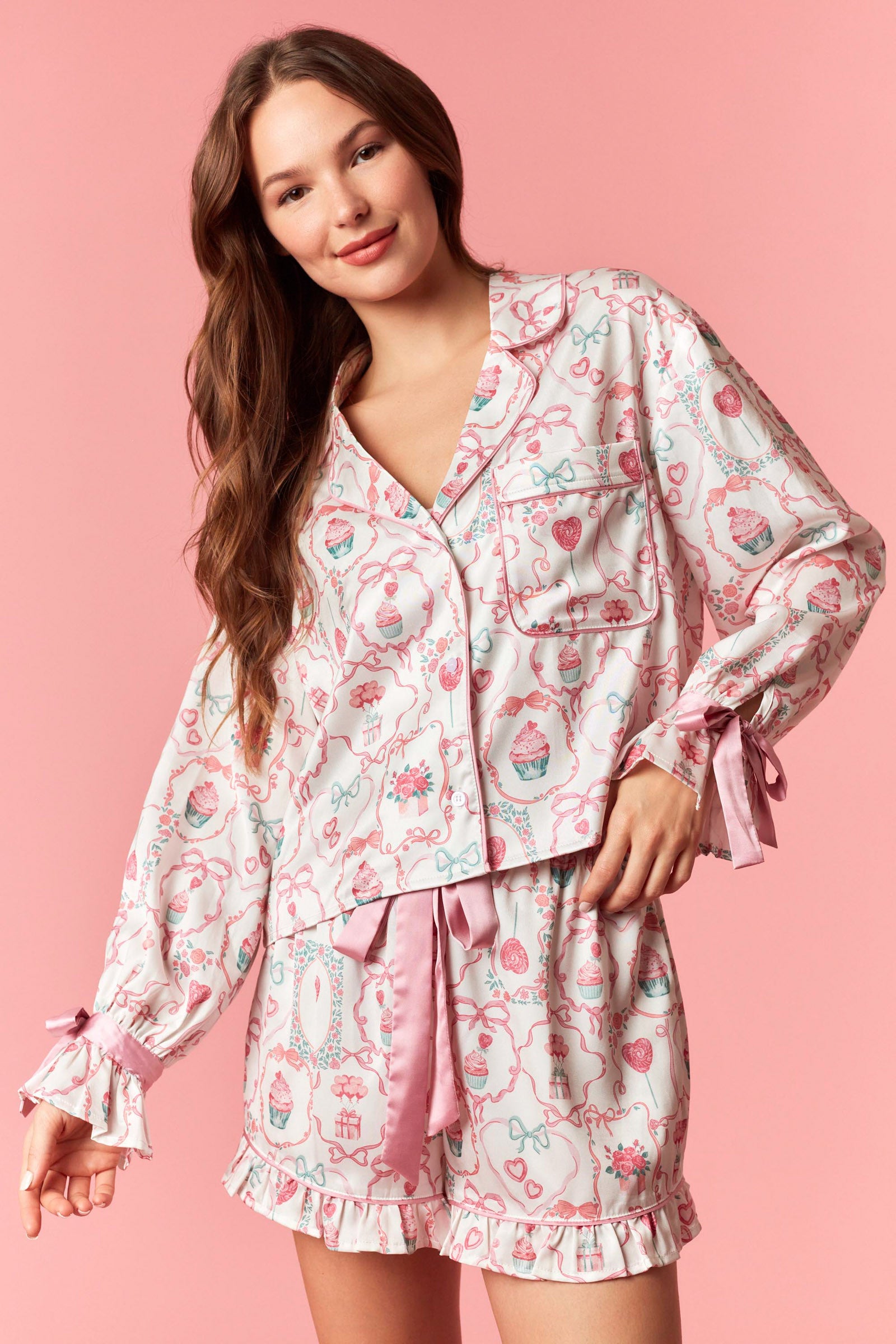 Cup Cake & Candy Printed  Mini Ruffle Hem Pajama Set