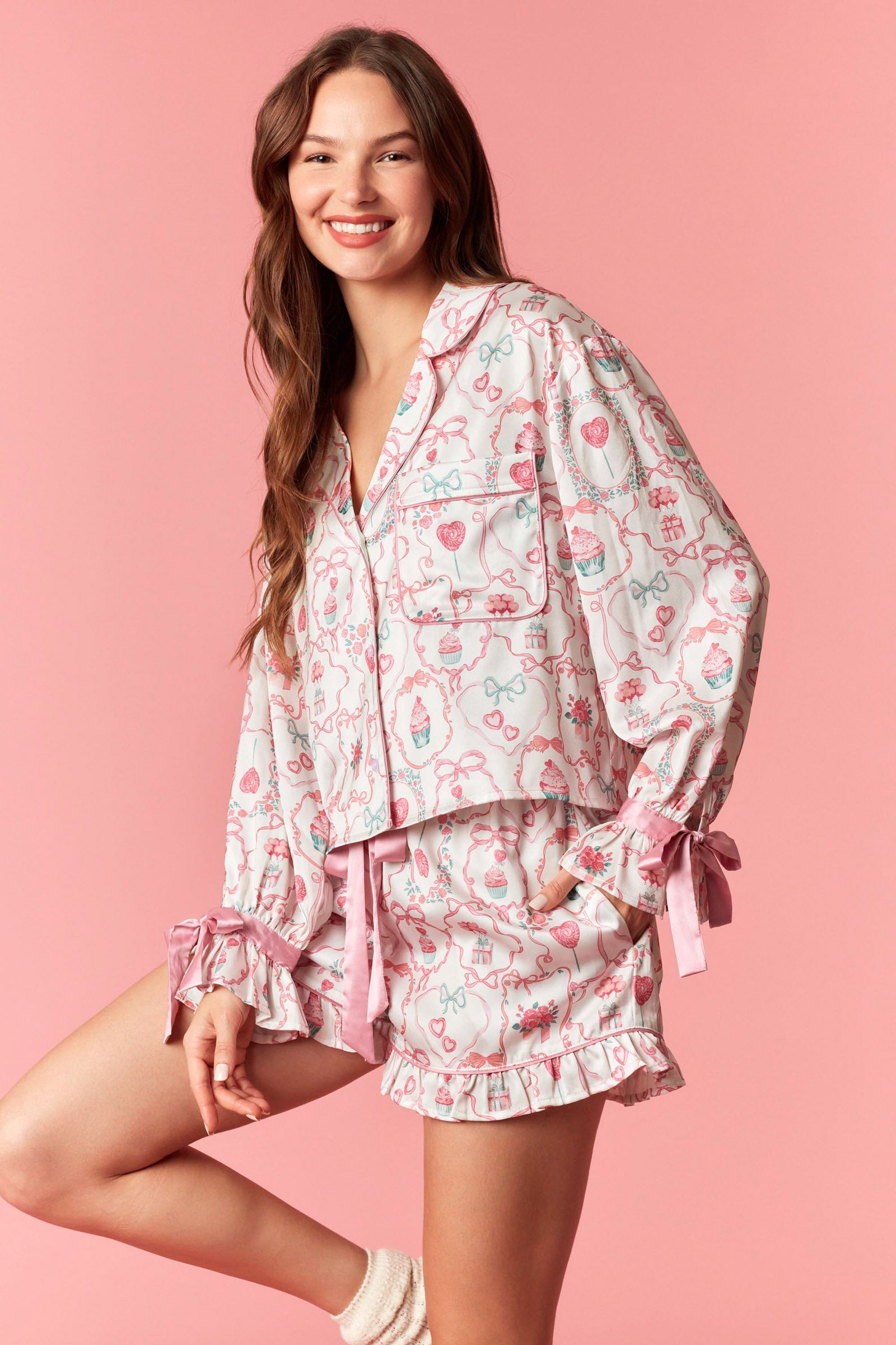 Cup Cake & Candy Printed  Mini Ruffle Hem Pajama Set