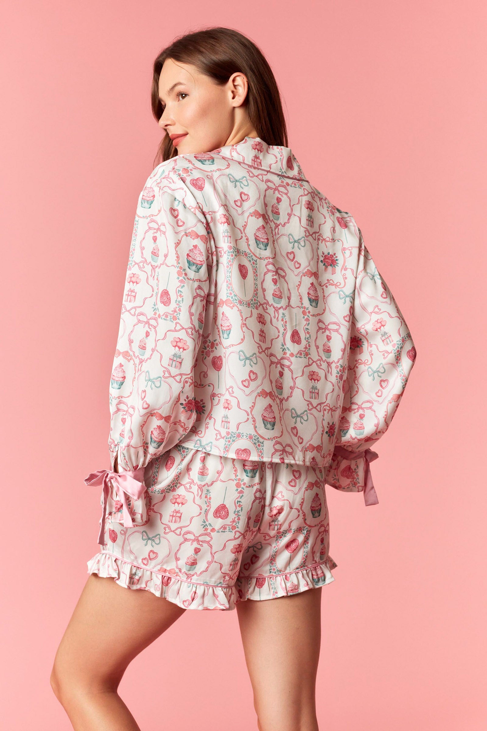 Cup Cake & Candy Printed  Mini Ruffle Hem Pajama Set