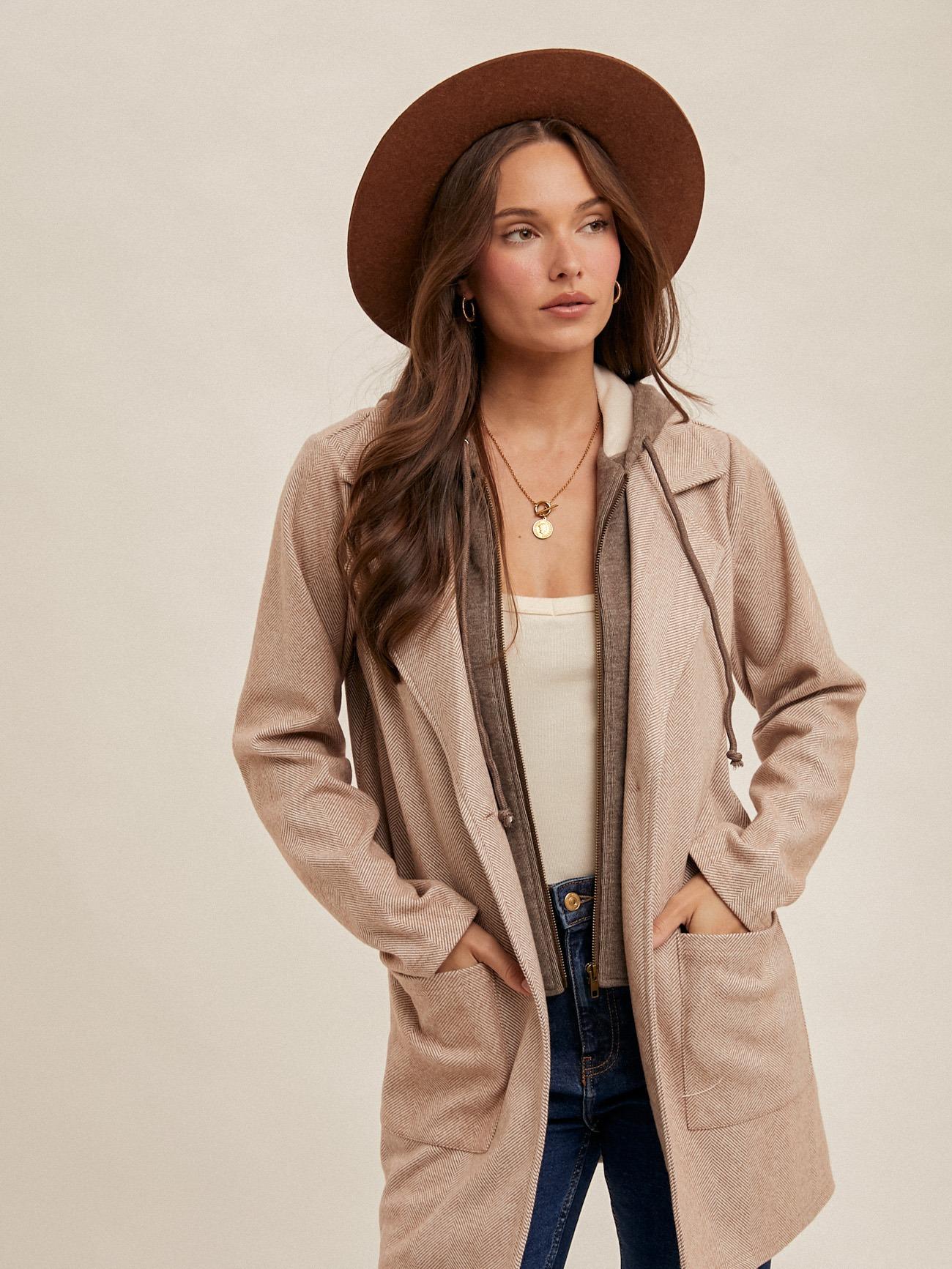 HERRINGBONE TOW-FER COAT WITH FAUX HOODIE INSERT shacket jacket