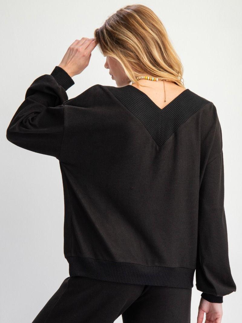 EASEL BLACK DEEP V NECK BRUSHED HACCI PULLOVER, SUPER SOFT KNIT FABRIC fall sweater