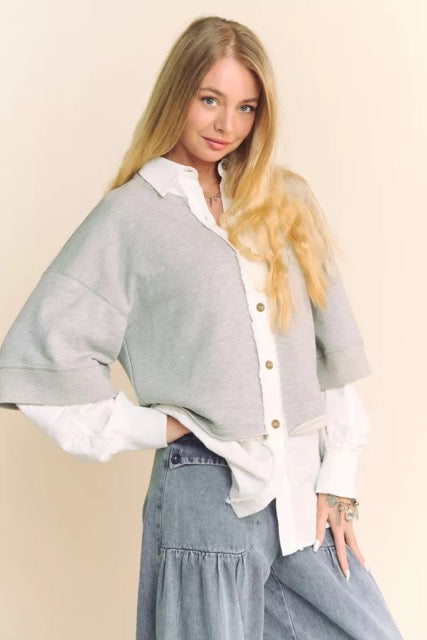 French Terry Contrast Layer Button Front Top, Bundle with beautiful scarf.