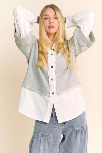 French Terry Contrast Layer Button Front Top, Bundle with beautiful scarf.