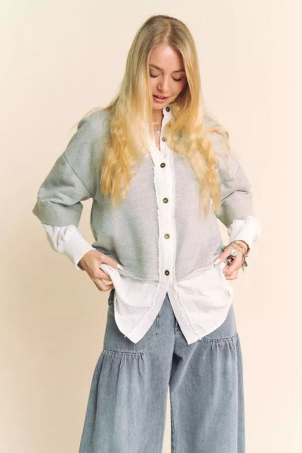 French Terry Contrast Layer Button Front Top, Bundle with beautiful scarf.