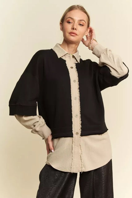 French Terry Contrast Layer Button Front Top, Bundle with beautiful scarf.