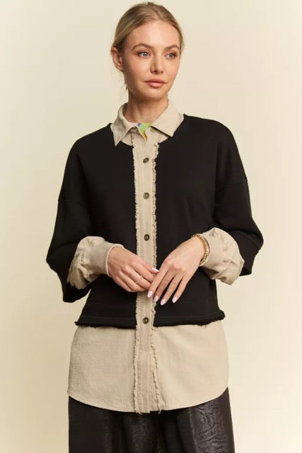 French Terry Contrast Layer Button Front Top, Bundle with beautiful scarf.