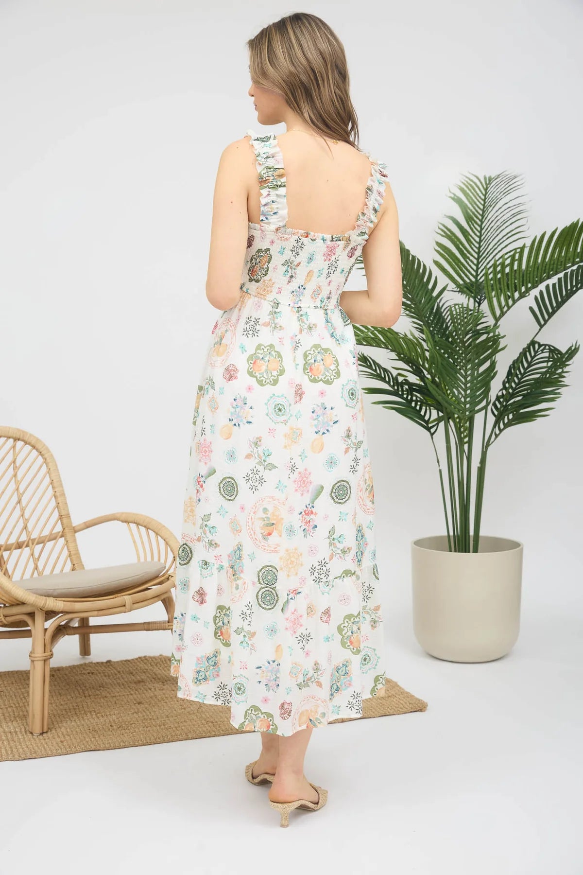Fruit Multi Color Smocked Sleeveless Midi Dress