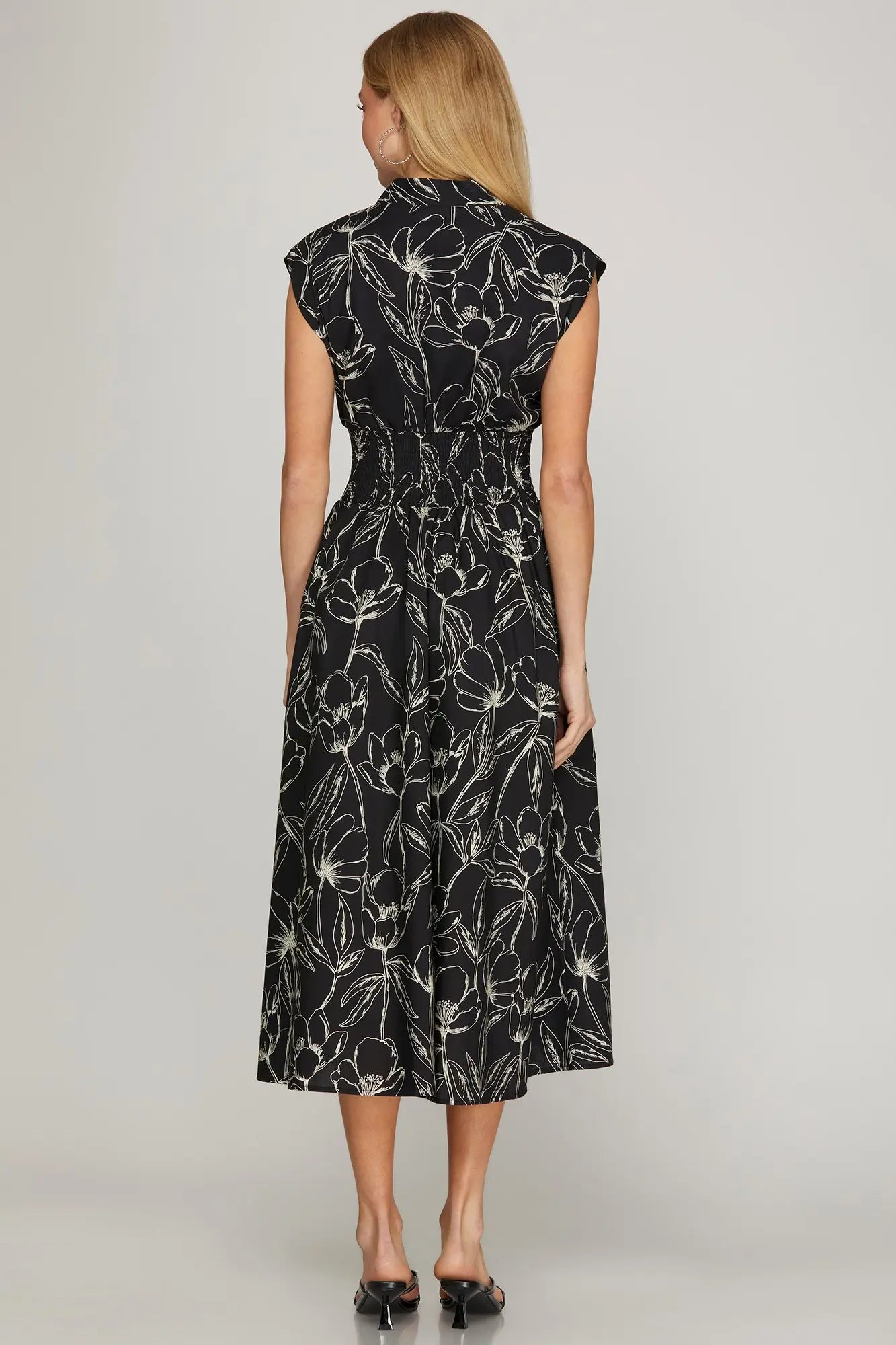 Black Midi Dress with Smocked Waist