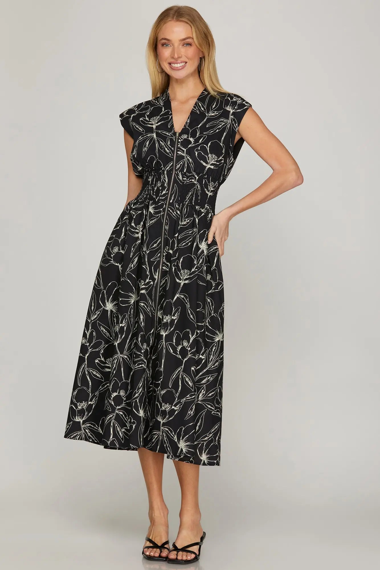 Black Midi Dress with Smocked Waist