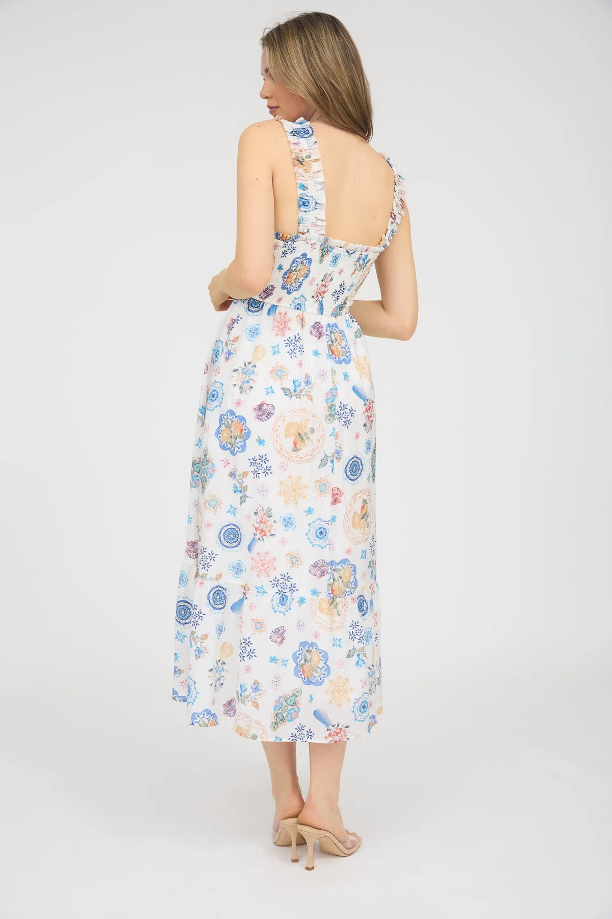 Fruit Multi Color Smocked Sleeveless Midi Dress