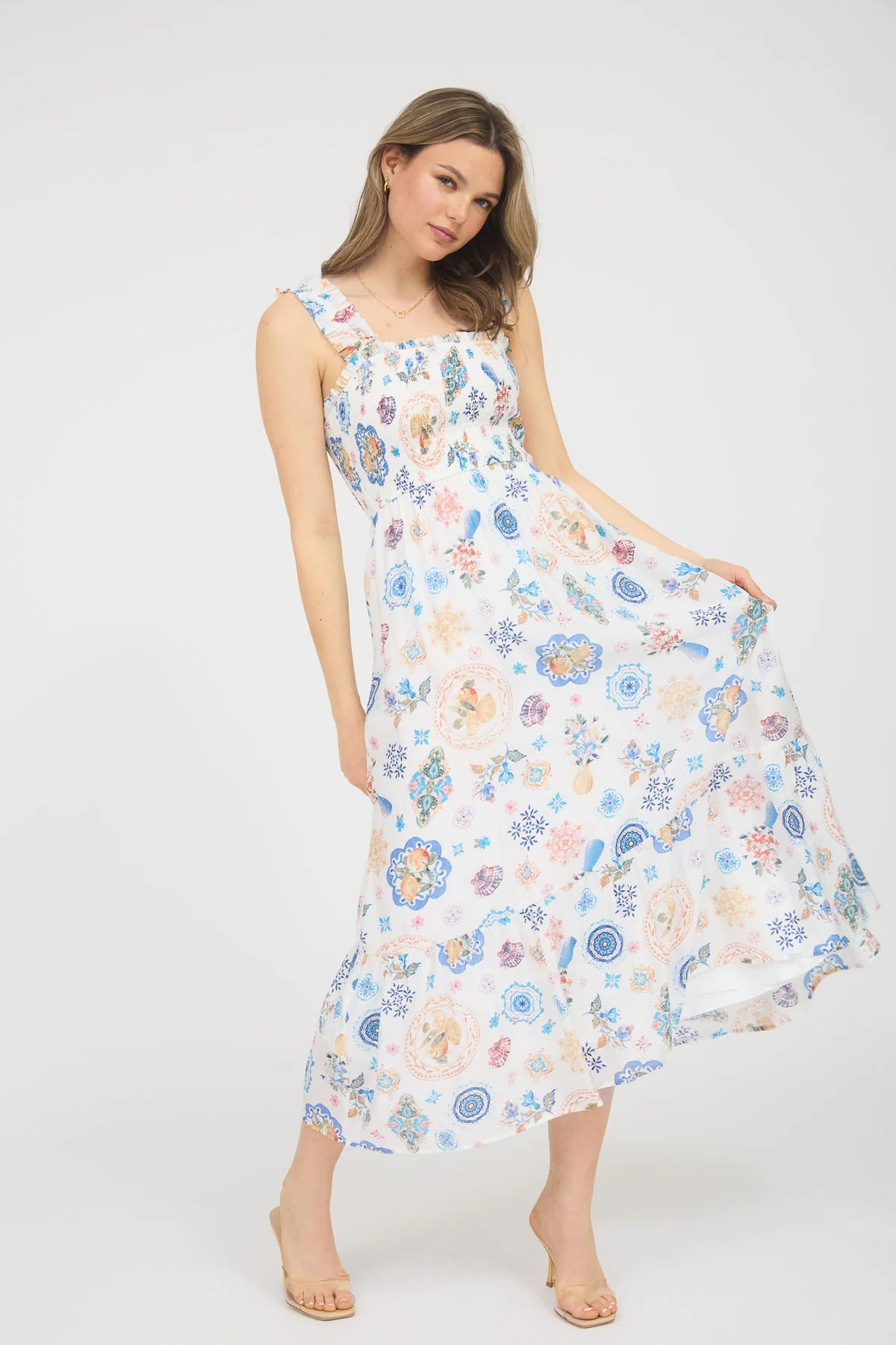 Fruit Multi Color Smocked Sleeveless Midi Dress