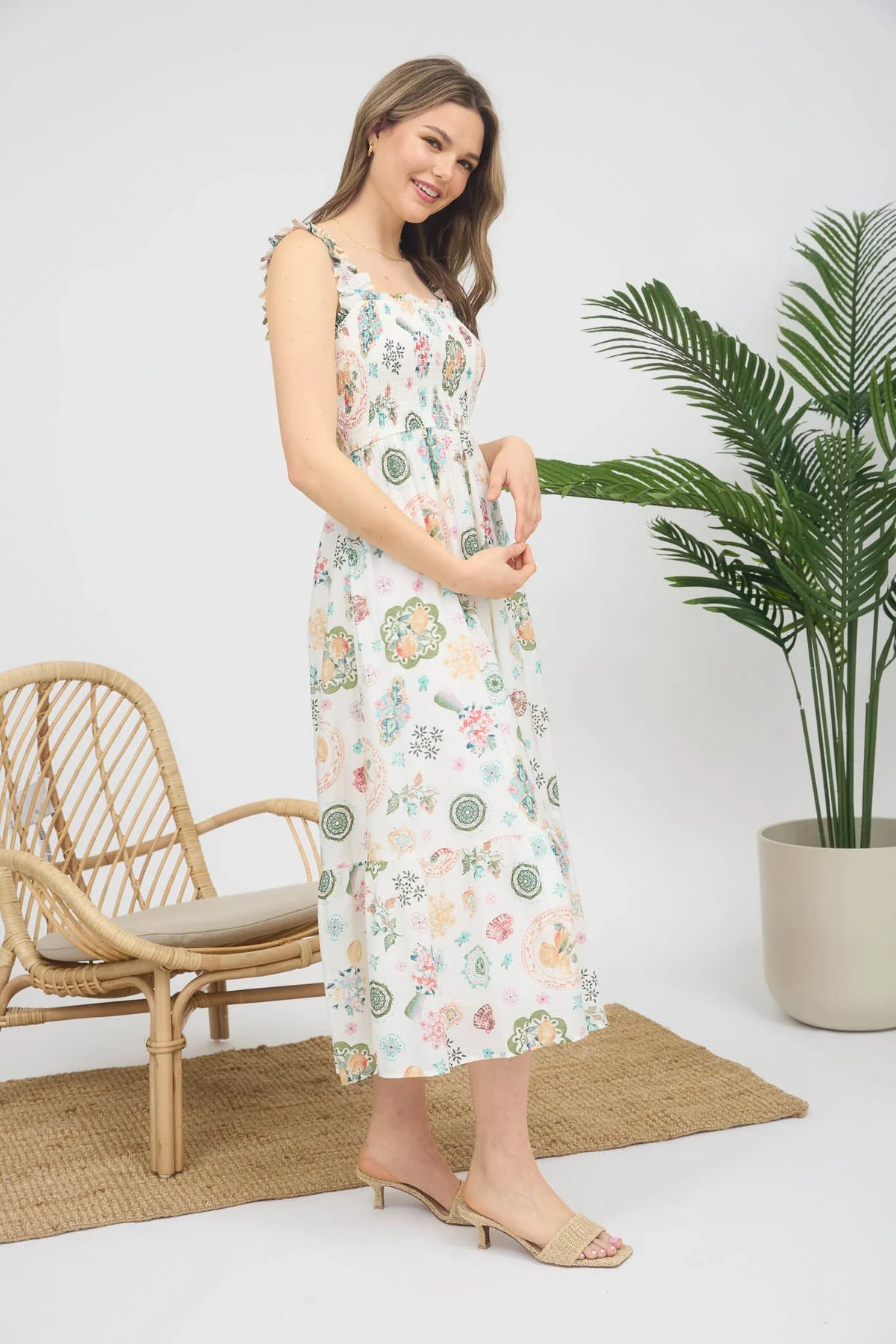 Fruit Multi Color Smocked Sleeveless Midi Dress