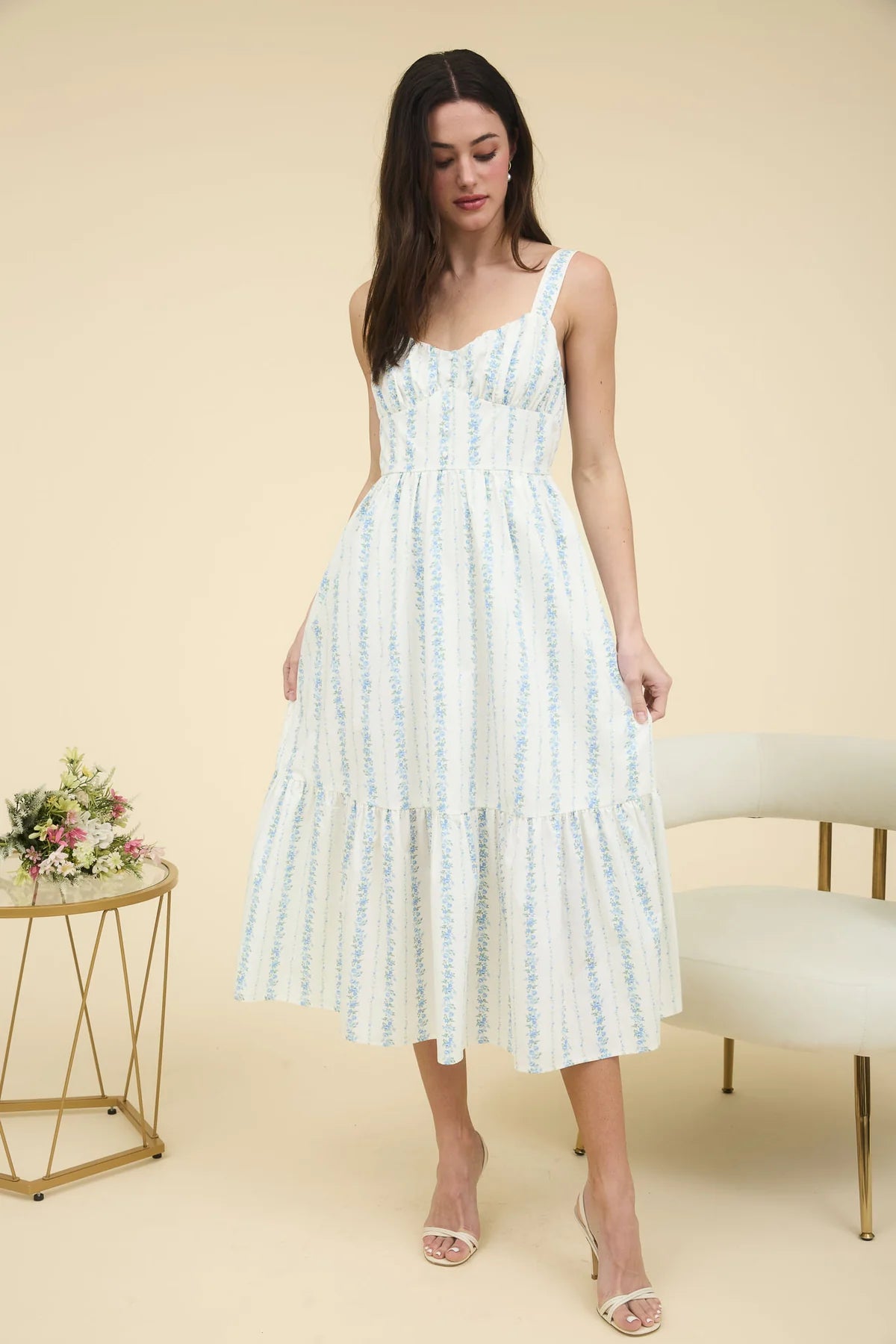 BLUE FLORAL STRIPES BOTTON DETAIL MAXI DRESS