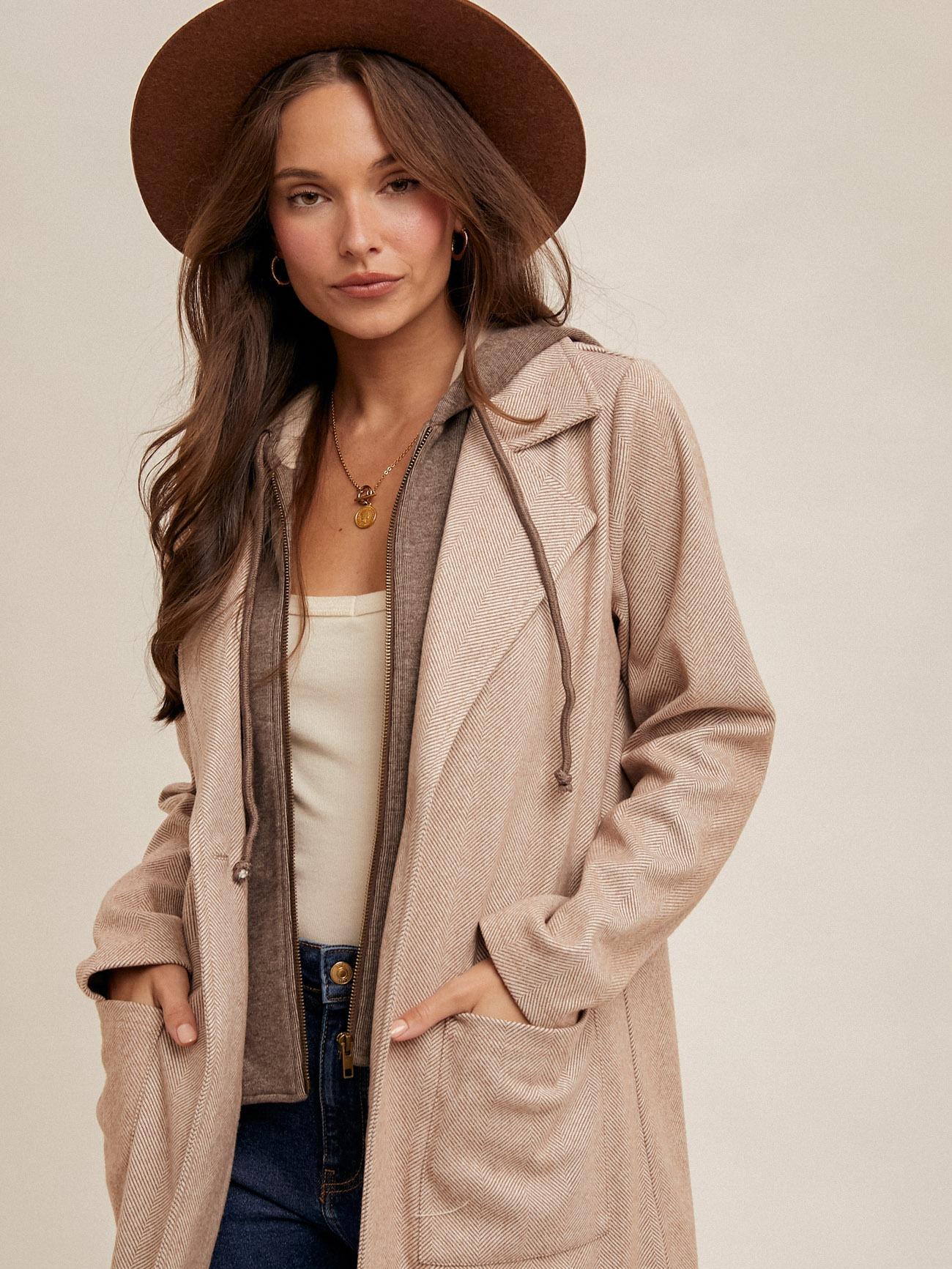 HERRINGBONE TOW-FER COAT WITH FAUX HOODIE INSERT shacket jacket