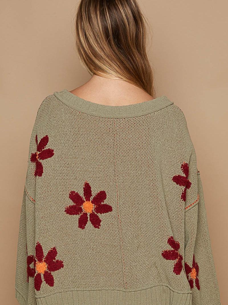 Pol Chenille V-Neck Berber Flower Print  Olive Sweater for Women fall sweater