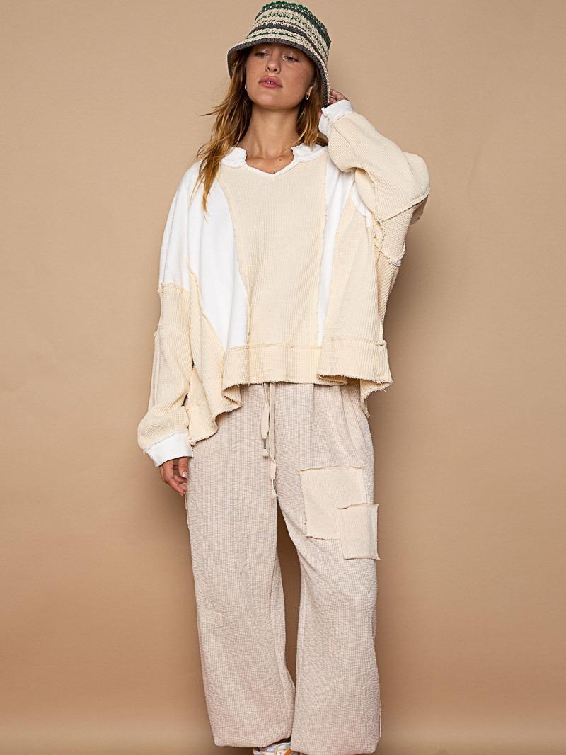Pol Designed in notched neck long sleeve oversized fit knit top featured in french terry and thermal, frayed edge on entire garment. Color Ivory; 100% cotton, color: Comfort fall sweater