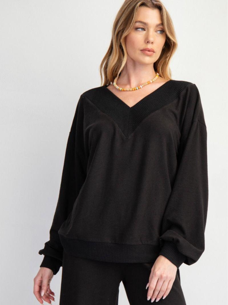 EASEL BLACK DEEP V NECK BRUSHED HACCI PULLOVER, SUPER SOFT KNIT FABRIC fall sweater