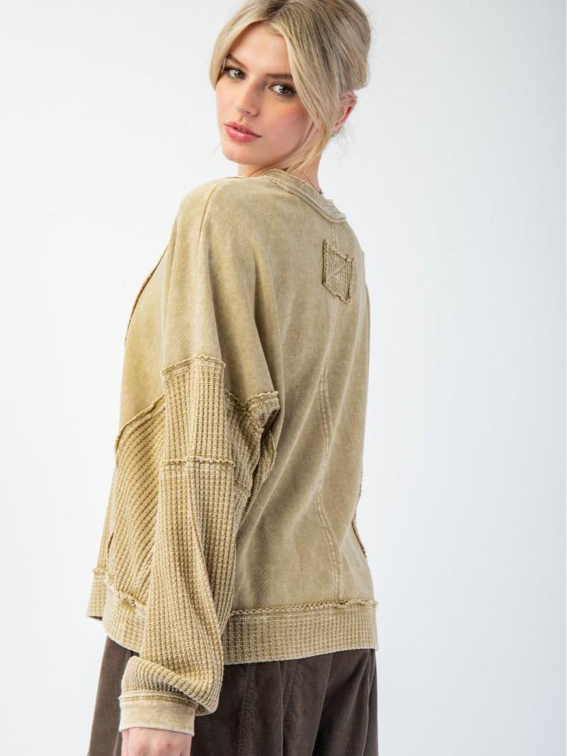 OLIVE OIL WASHED THERMAL MIX TERRY KNIT TOP fall pullover