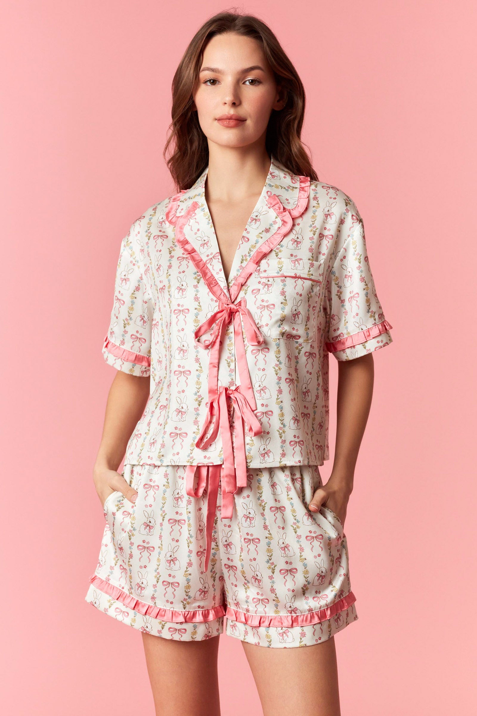 Charming Bunny and Bow Satin Pajama Set