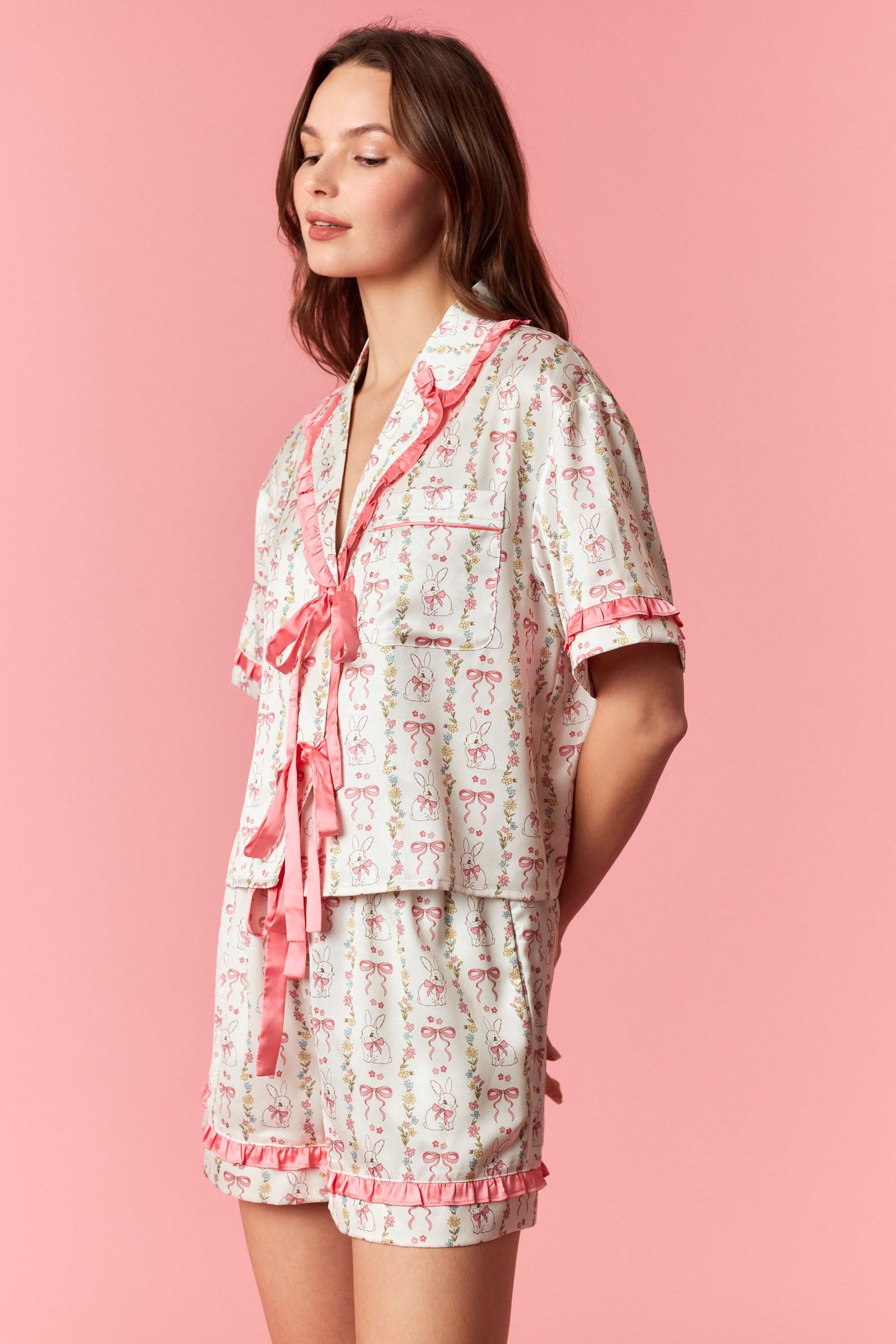 Charming Bunny and Bow Satin Pajama Set